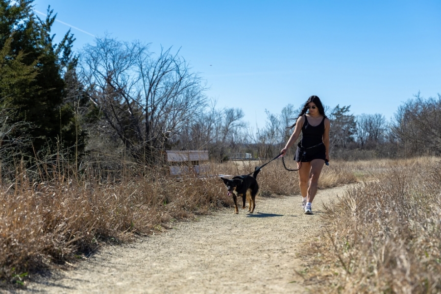 A woman walking her dog along a scenic trail