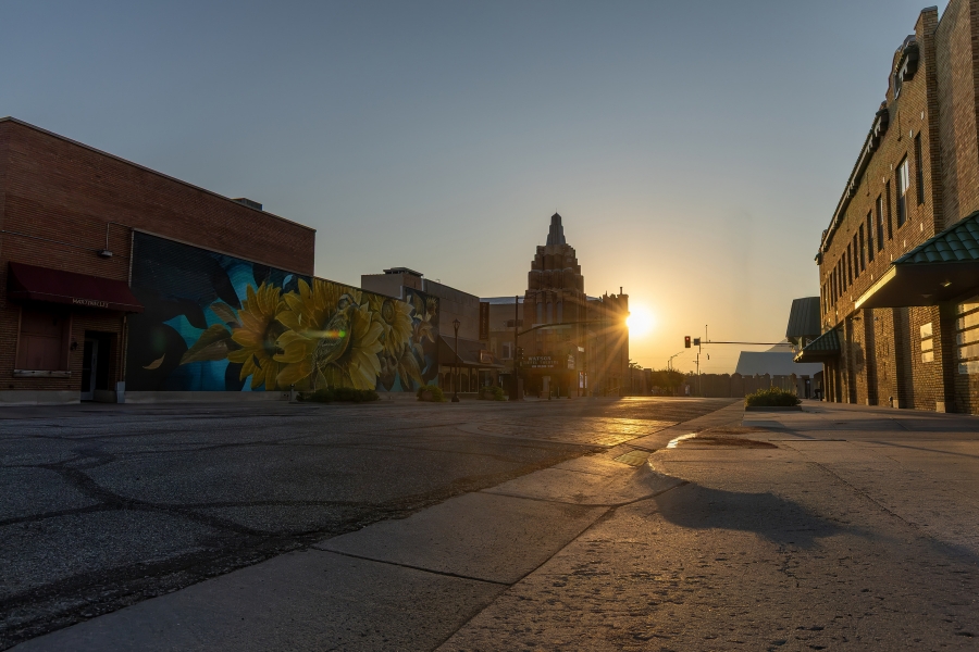 A street scene at sunset